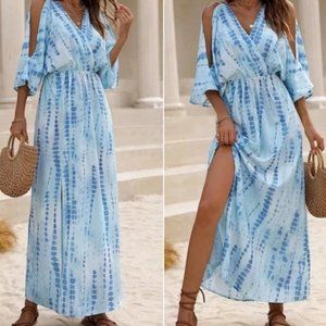 Boho Style Tie dye Cut out Sleeve thigh slit Maxi Dress BLUE